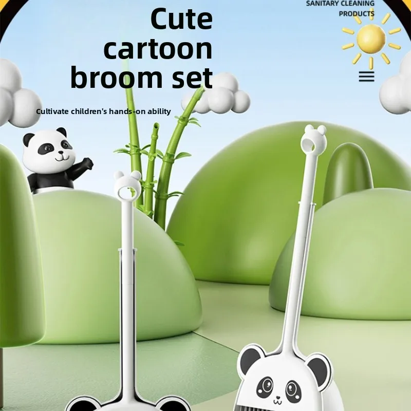 Kids Broom and Dustpan Set Cartoon Panda Mini Cleaning Tools for Toddlers Pretend Play Toy