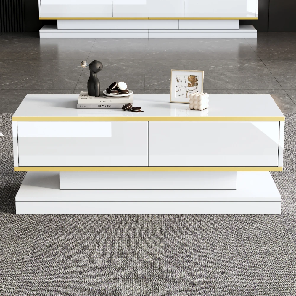 Moderner TV-Ständer mit 3 Schubladen, warmweißes Lowboard, goldener Rand, Wohnzimmer-Aufbewahrungsschrank – Detail 26