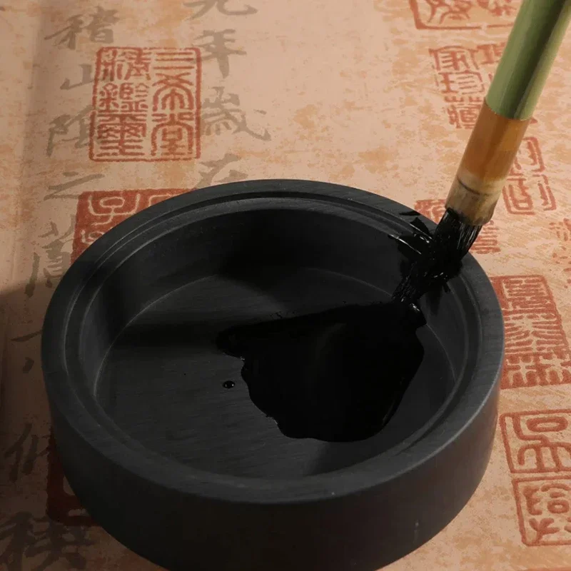 Chinese Style Round Ink Stone Calligraphy Painting Inkslab Retro Portable Writing Practice Vintage Ink Well Inkstone Paperweight