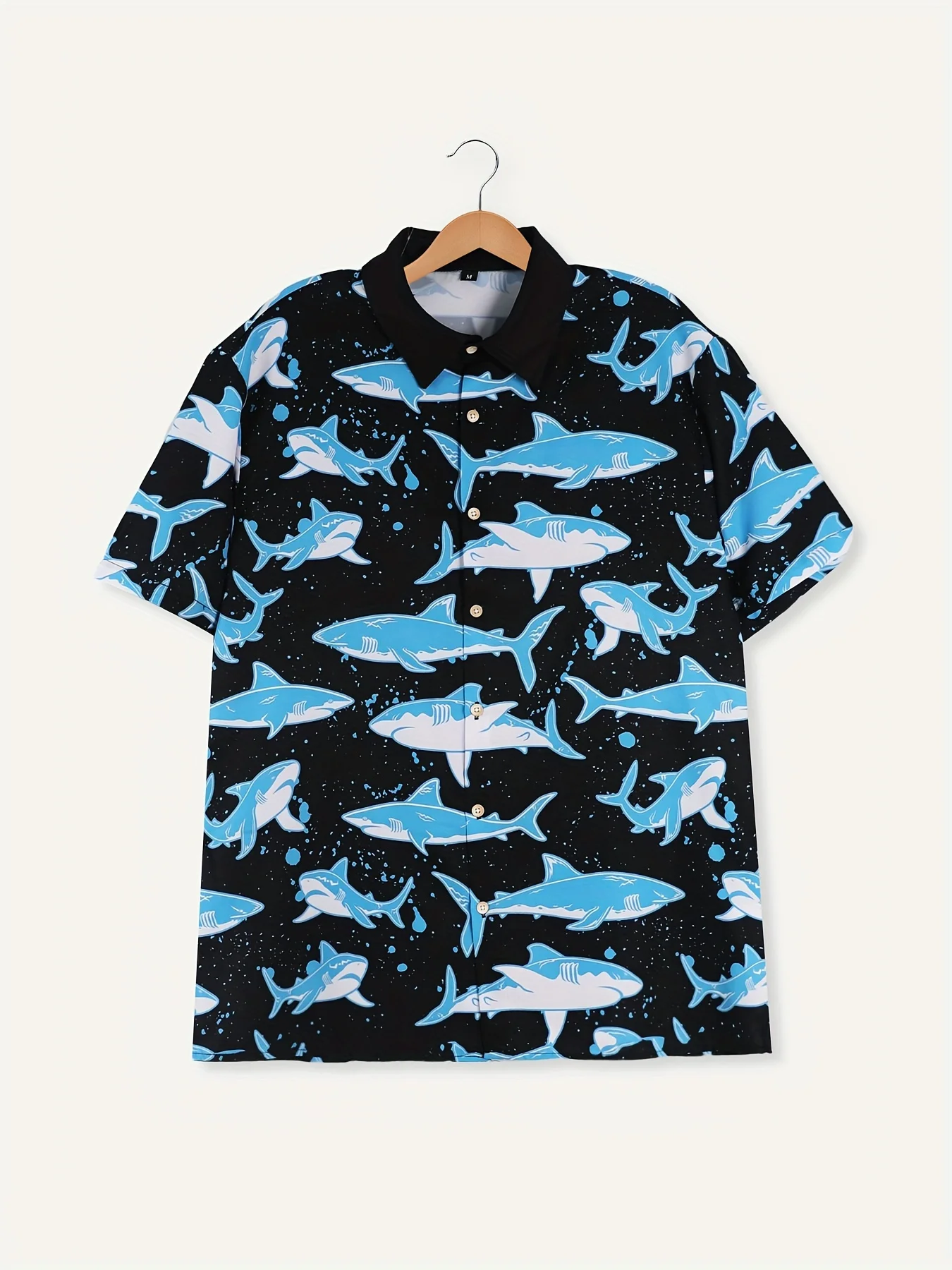 Summer Vacation Cartoon Shark Graphic Print Men\'s Short Sleeve Shirt Hawaiian Beach Party Wear Oversized Men\'s Shirt Style