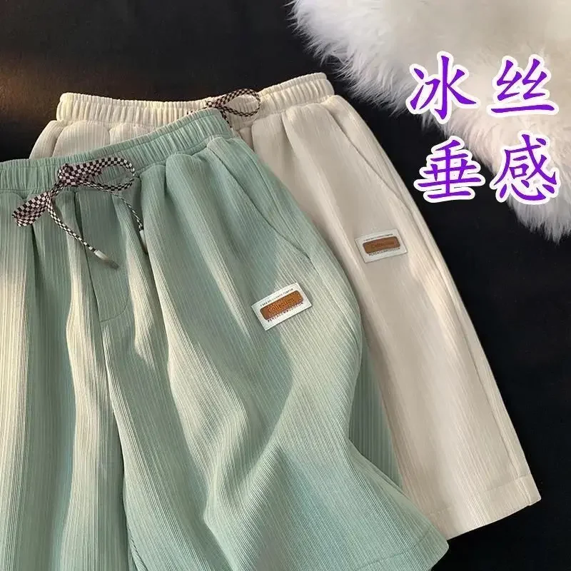 New Ice Silk Casual Shorts for Men's Summer Slim Loose 2024ins Hanging Trendy Embroidered Straight Short