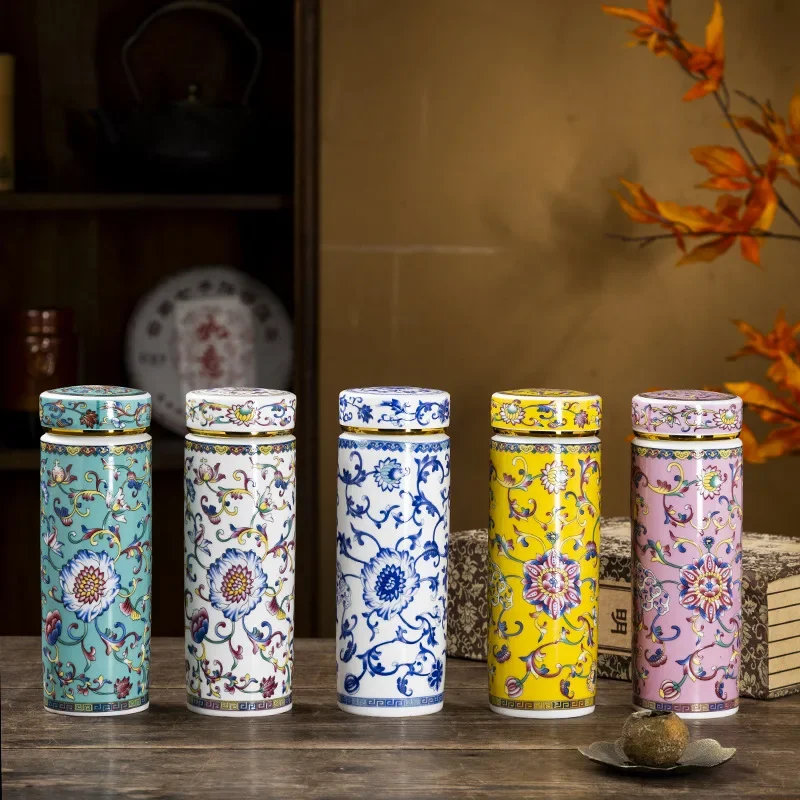 

500ML Double-layer Ceramic Cups Enameled Ceramics High-temperature Resistant Cups with Lids Portable Mugs and Drinking Utensils
