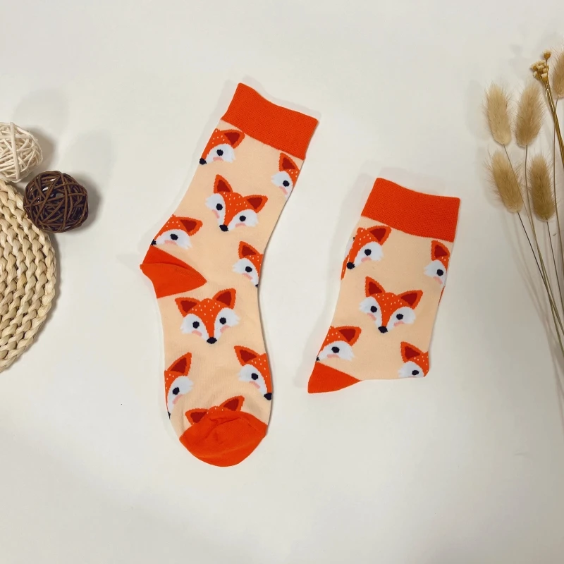 1 Pair Unisex Trend Cartoon Fox Head Pattern Mid-Calf Socks Suit In All Seasons For Daily