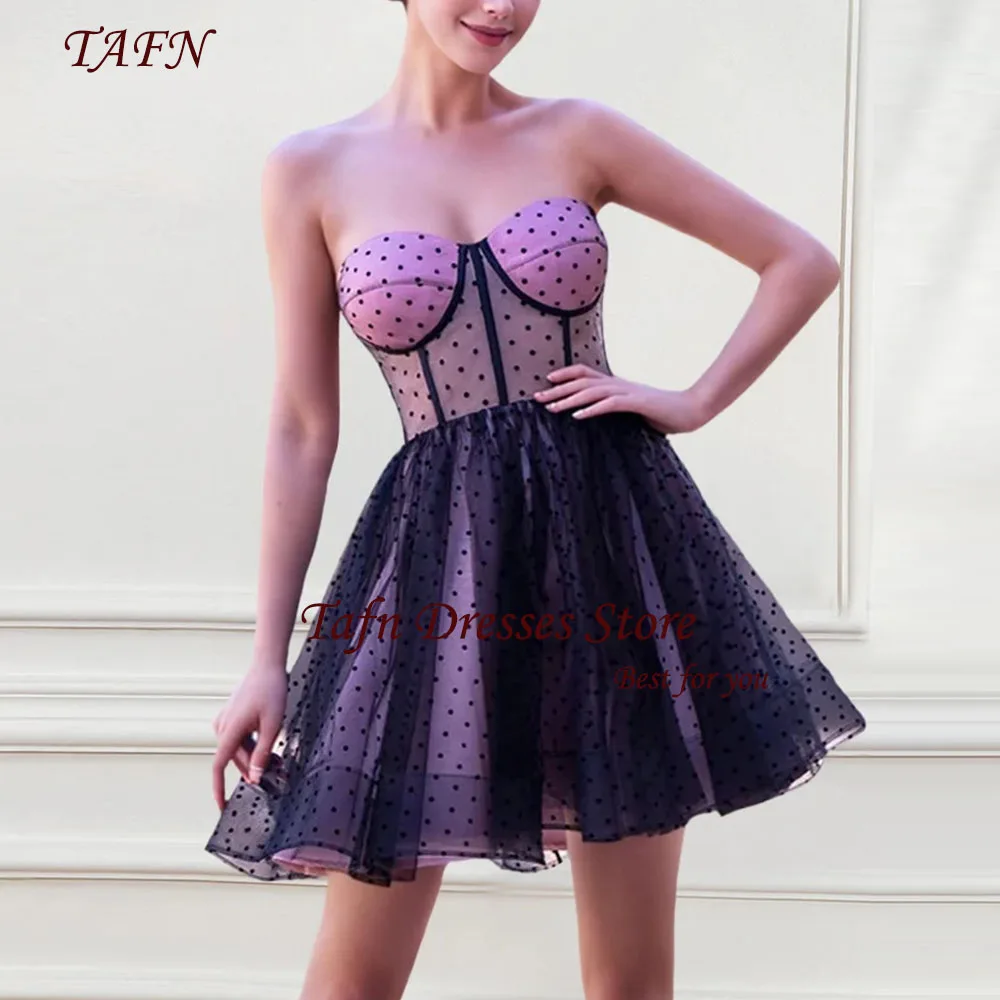 

TAFN Short Homecoming Dresses Sweetheart Collar Strapless A-line Mini Prom Gown Dotted Tulle Party Dresses Above Knee