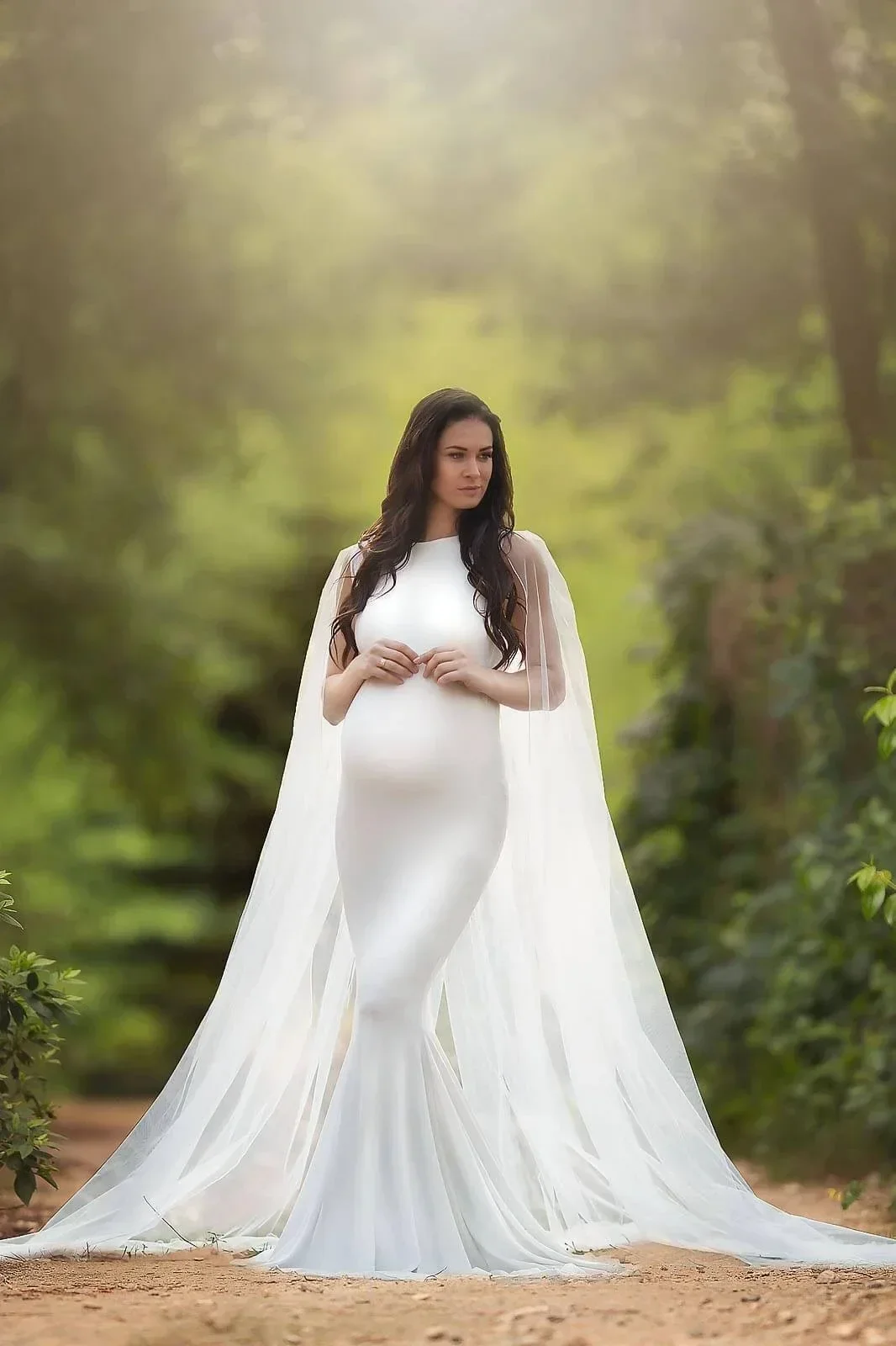 Pregnancy Maxi Dress Photography Prop Long Lace White Dresses + Cloak Maternity Gown for Pregnant Women Photo Shoot  Prom Dress