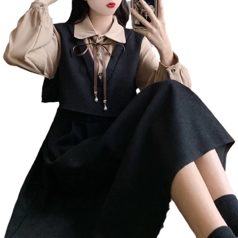

New Spring Autumn Winter Fat Sister College Style Shirt Spliced Fake Two-piece Long Skirt Hepburn Style Retro Dress