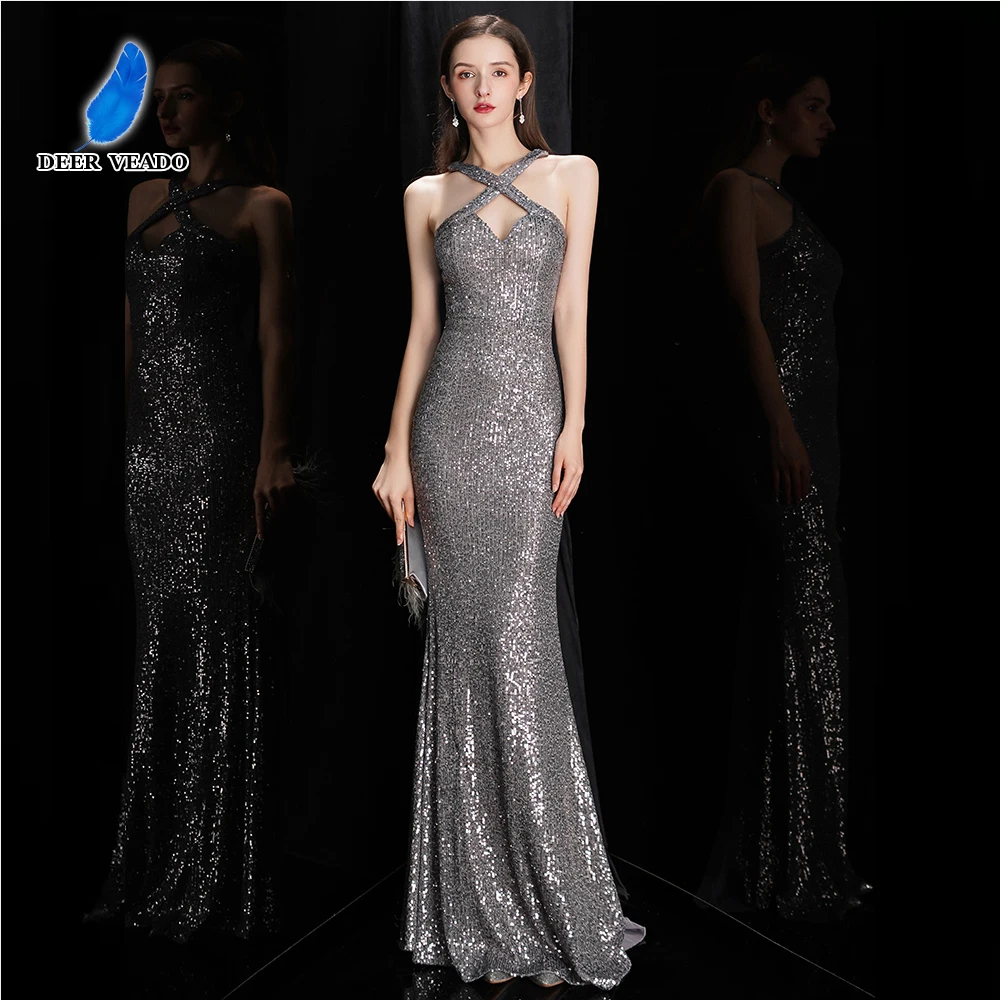 DEERVEADO Women Elegant Evening Dress Long Formal Occasion Dress Halter Mermaid Sequins Prom Party Dresses 18010