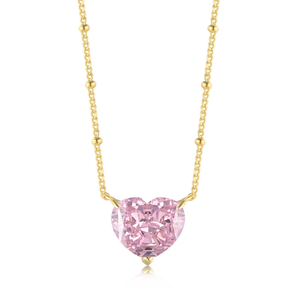 

18k Gold Plated Necklace Ice Cut Pink Zircon Heart Pendant