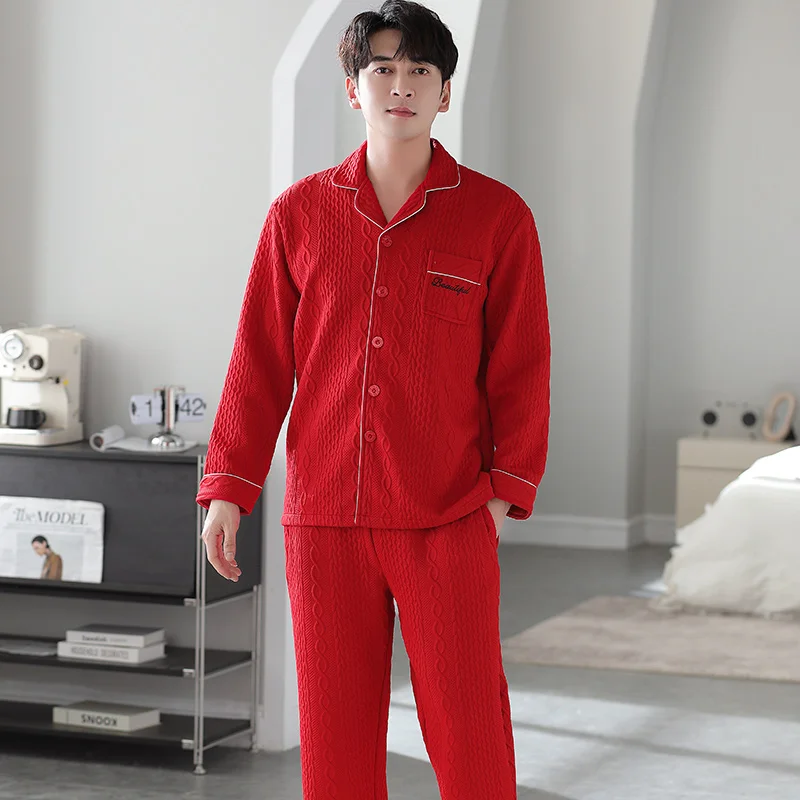 Festive red pajamas men autumn winter thick long-sleeved laminated air cotton home service male warm big yards thin quilted suit