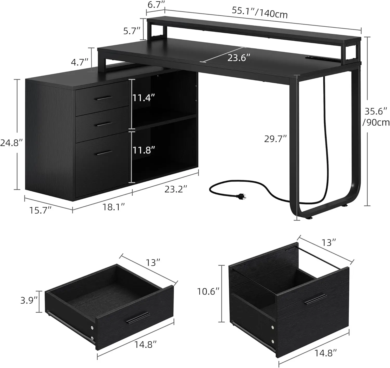 L Shaped Desk with Drawers, 55