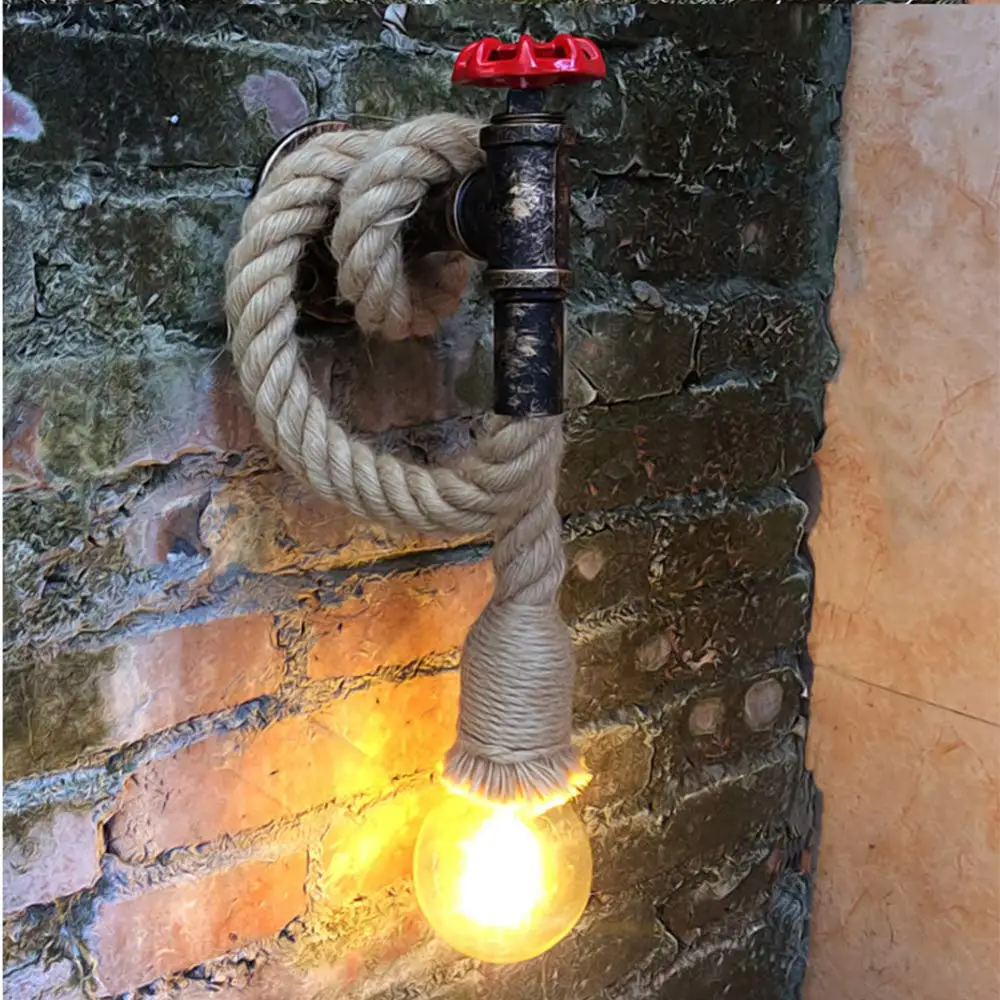 Industrial Water Pipe Wall Light Retro Hemp Rope Home Decor Lamp For Living Room Bedside Wall Sconces Interior Lighting,E27 Base