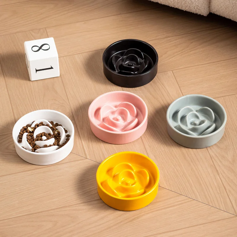 Matte Pet Slow Feeder Ceramic Bowl Anti Choke Anti Slip Flower Shaped Food Dish Dogs Cats