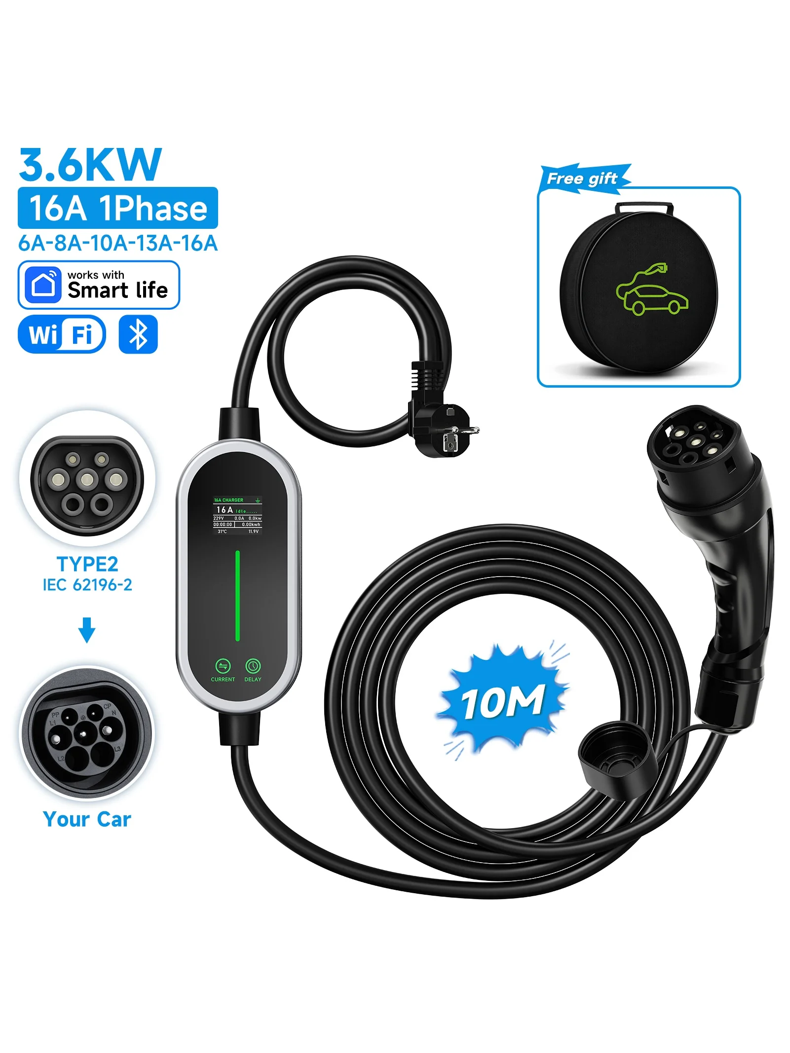 JNTAFEV 3,6 kW Ladegerät für Elektroautos, 16 A, 1-phasig, Typ-2-EVSE, tragbares Ladegerät für Elektroautos für zu Hause.