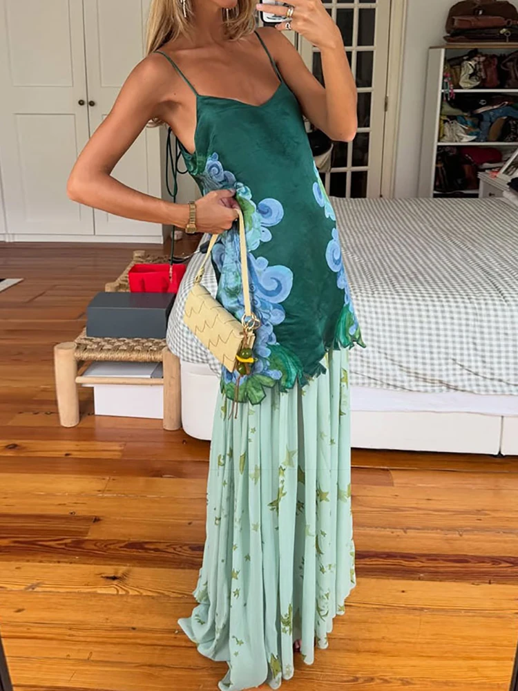 2026 Women Summer Print Patchwork Spaghetti Strap Sleeveless Top with Maxi Skirt Two-Piece Set Loose Elegant Chic Ladies Outfit