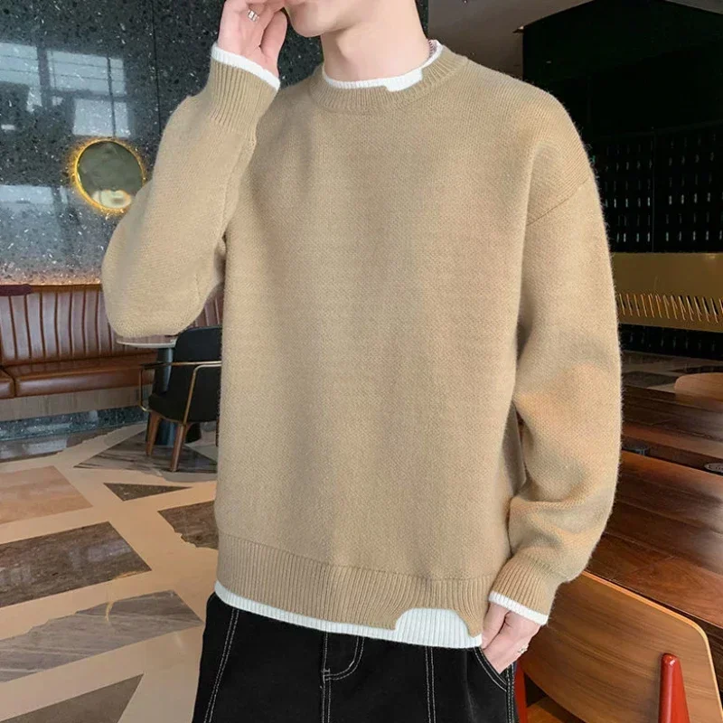 Knit Sweater Male Pullovers Round Collar Men\'s Clothing Crewneck Pink No Hoodie Spliced Warm Classic Knitwears Maletry Cotton X