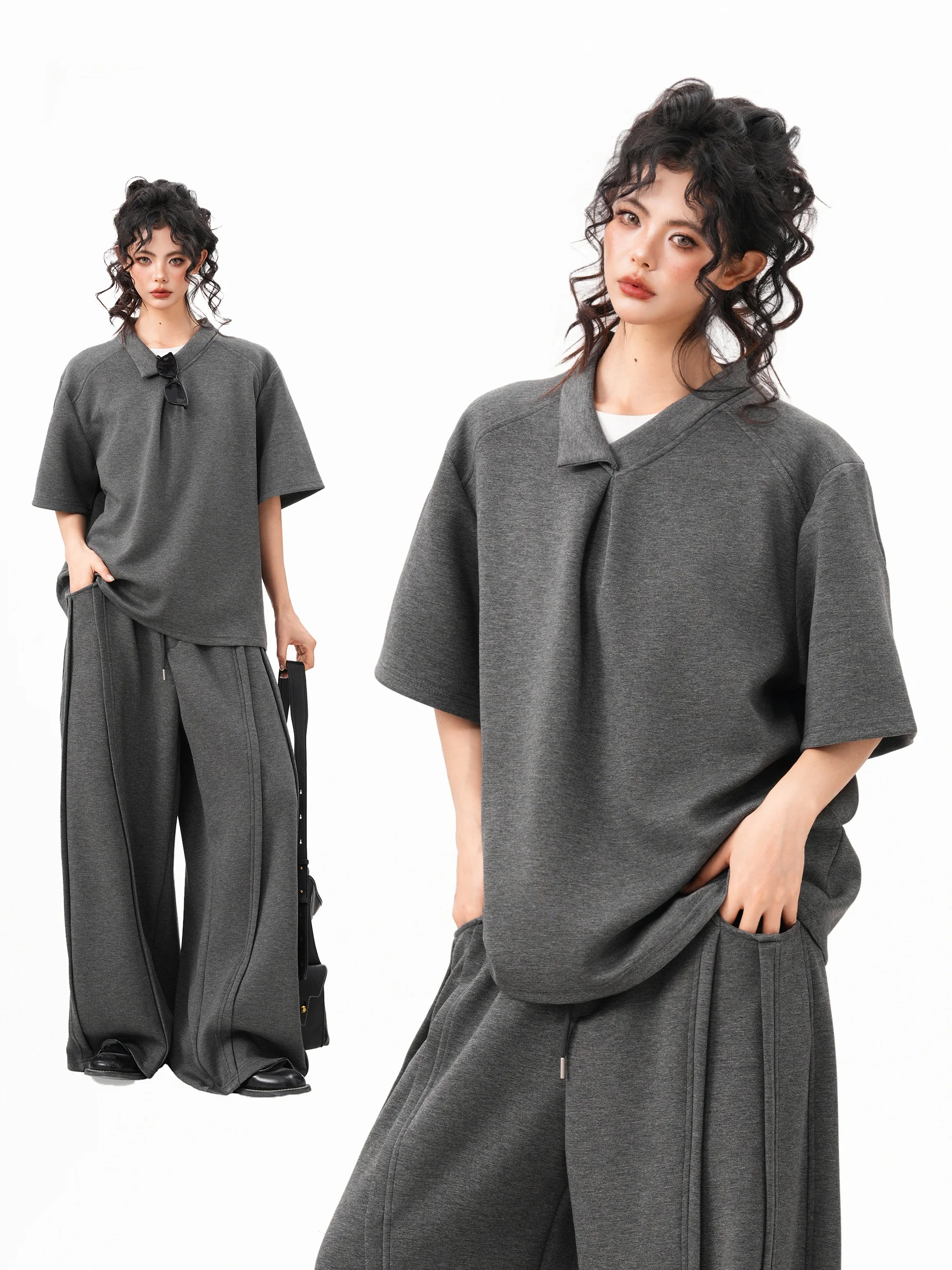 

Summer New Casual Loose Wide Leg Pants And T-Shirt Set for Women Men Irregular Collar Short Sleeve High Waist Cotton Blend