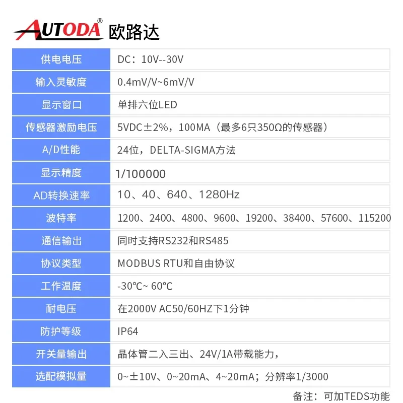 Ouluda TDA-08A rail mounted weight transmitter rs485/232 three-way transistor 0-10v/4-20mA