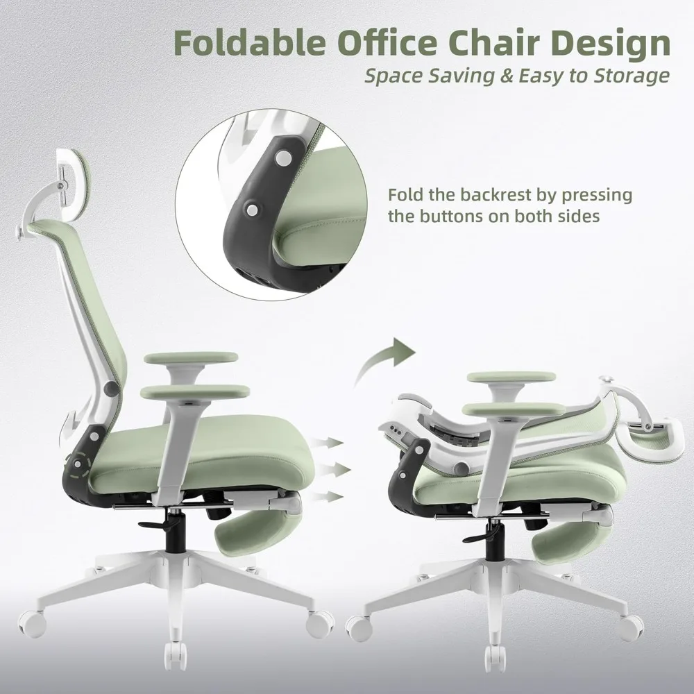 كرسي مكتب قابل للطي مع مسند للقدمين، كرسي مكتب مريح مع دعم قطني قابل للتعديل، مسند للرأس ومساند للذراعين، أخضر #4