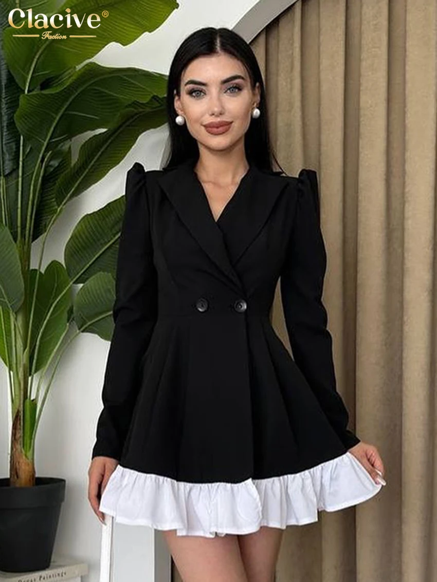 Clacive Fashion Loose Black Office Women\'s Dress Elegant Lapel Long Sleeve Mini Dresses Casual High Waist Patchwork Female Dress