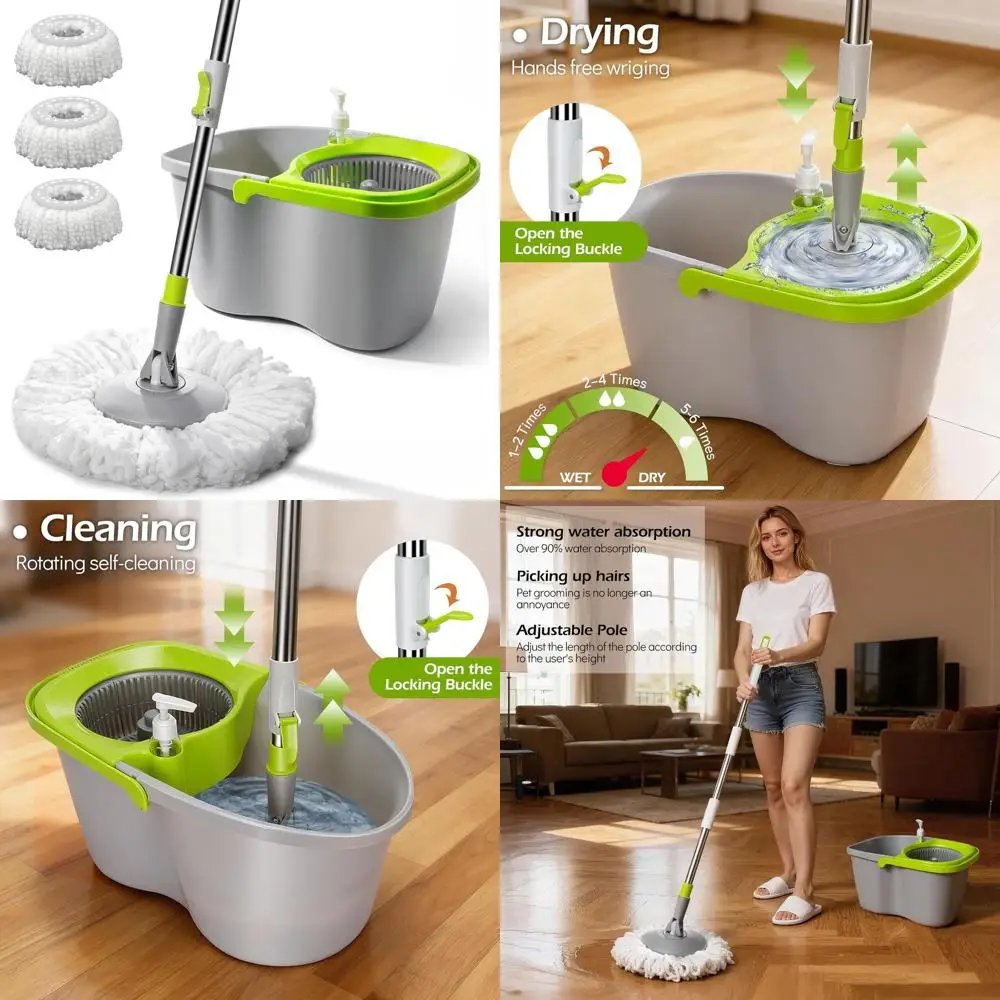 

Compact Spin Mop System with Bucket and 3 Pads, 50.4 Telescoping Handle for Floor Cleaning