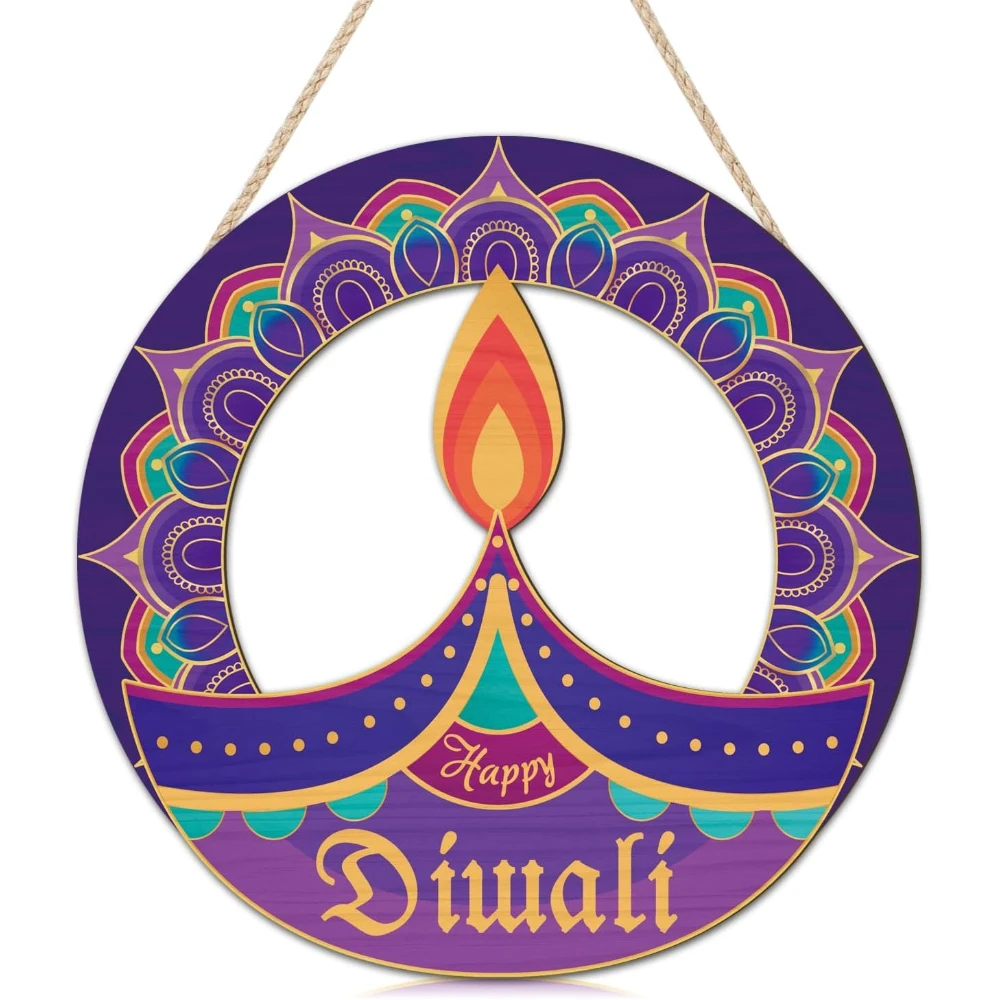Happy Diwali Front Door Sign Hanging Mandala Indian Festival Party Wood Wall Hanger, Diwali Festival of Lights