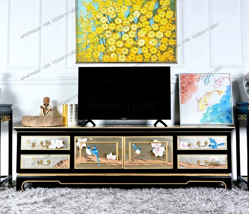 Champagne silver foil painted new Chinese TV cabinet drawer locker coffee table combination