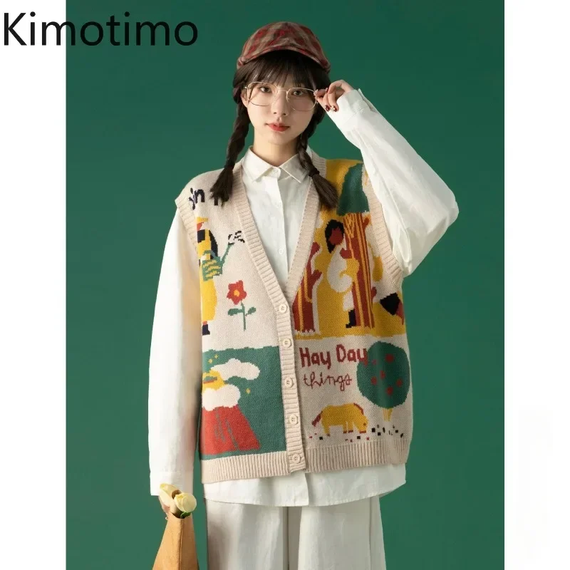 Kimotimo Japanese Vintage Print Sweater Vest Women 2024 New V Neck Lazy Loose Sleeveless Knitted Cardigan Fashion Overlap Tops