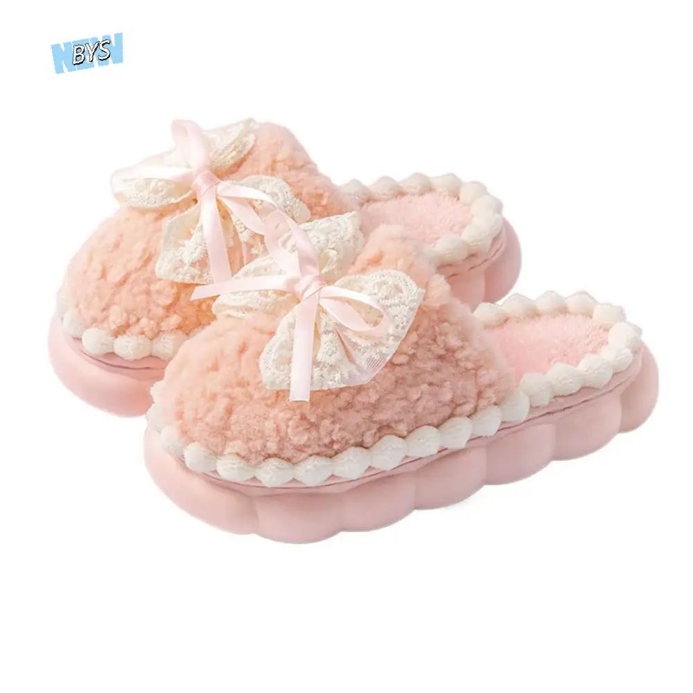 

Casual Lace Bow Plush Bowtie Slippers Non-slip Sweet Coral Fleece Slippers Household Thick-soled Home Indoor Shoes Girls