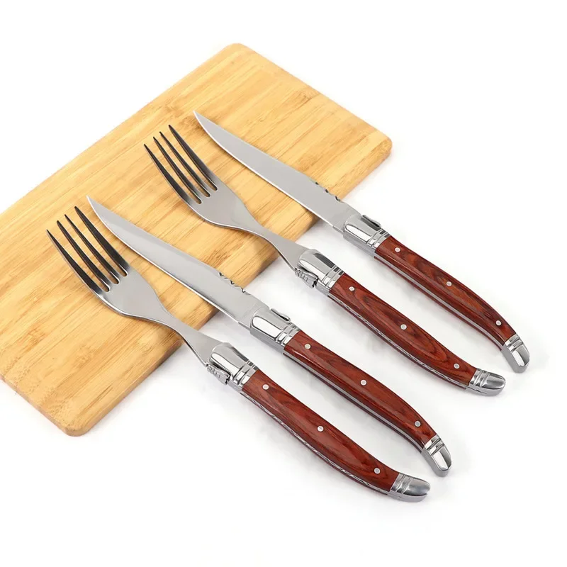 Laguiole Cutlery Stainless Steel Steak Knife Fork Red Wood Tablewares Steak Knives Solid Wood Handle Forks Flatware Set 2-6Pcs