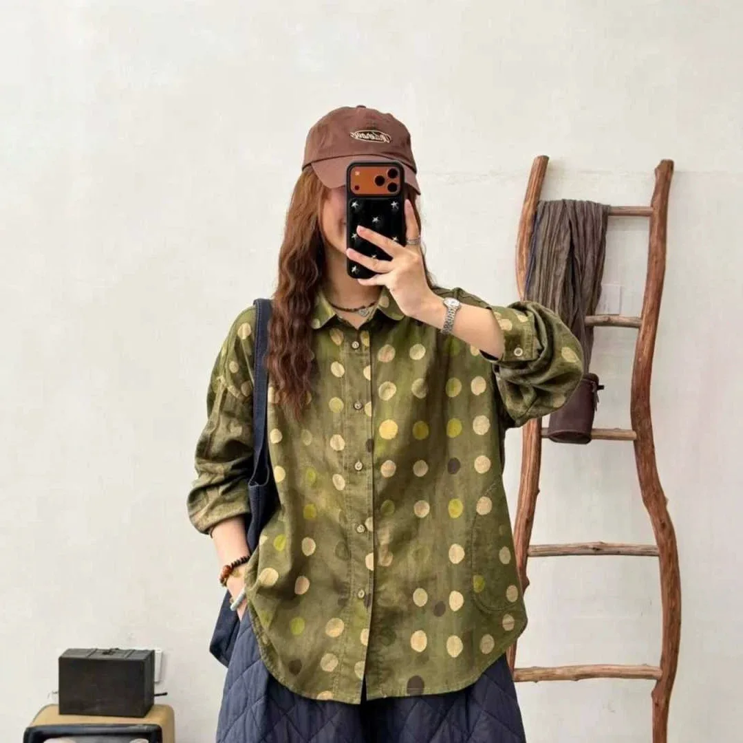 SuperAen Polka Dot Pattern Long-sleeved Tops 2026 Autumn New Japan-style Comfortable Single-breasted Loose Casual Shirts