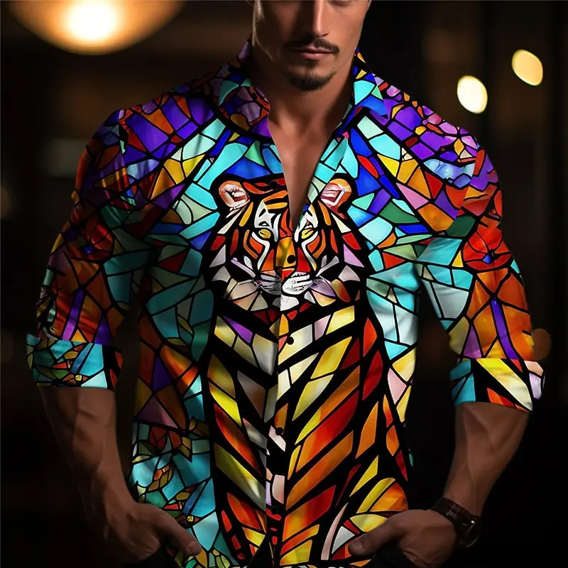 Colorful Tiger Art Abstract Print Men\'s Shirt Casual Fall and Winter Loose Long Sleeve Four-Way Stretch Fabric Shirt S-5XL