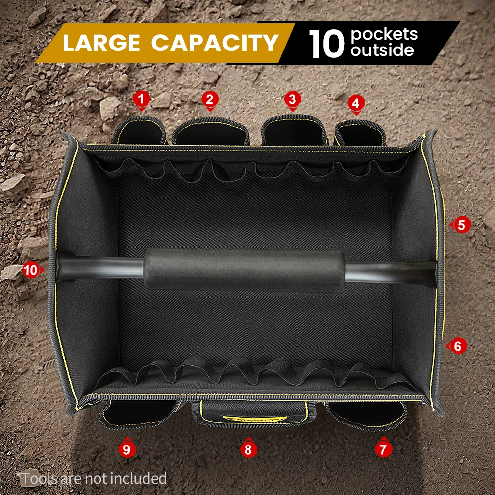 حقيبة يد WINHUNT، حقيبة أدوات واسعة الفم مكونة من 10 جيوب، صندوق أدوات كهربائي عالي التحمل من الفولاذ الأنبوبي لتنظيم الأدوات والتخزين