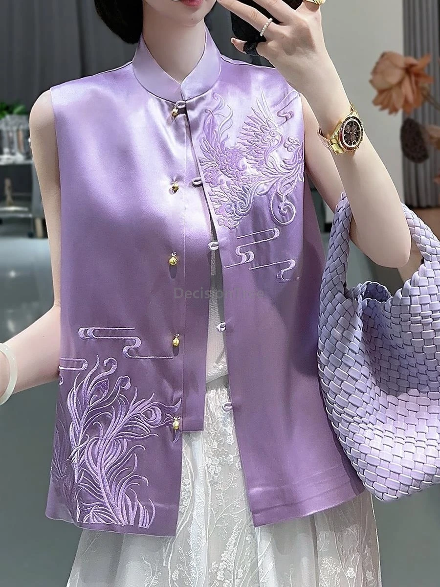 

Винтажный жилет в китайском стиле Тан, элегантный фиолетовый жилет с вышивкой Феникса, женский модный жилет, повседневный летний дышащий топ