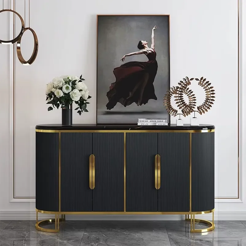 High End Modern Stainless Steel Wood Dining Buffet Cabinet Sintered Stone Top White Finish Golden Legs for Living Room