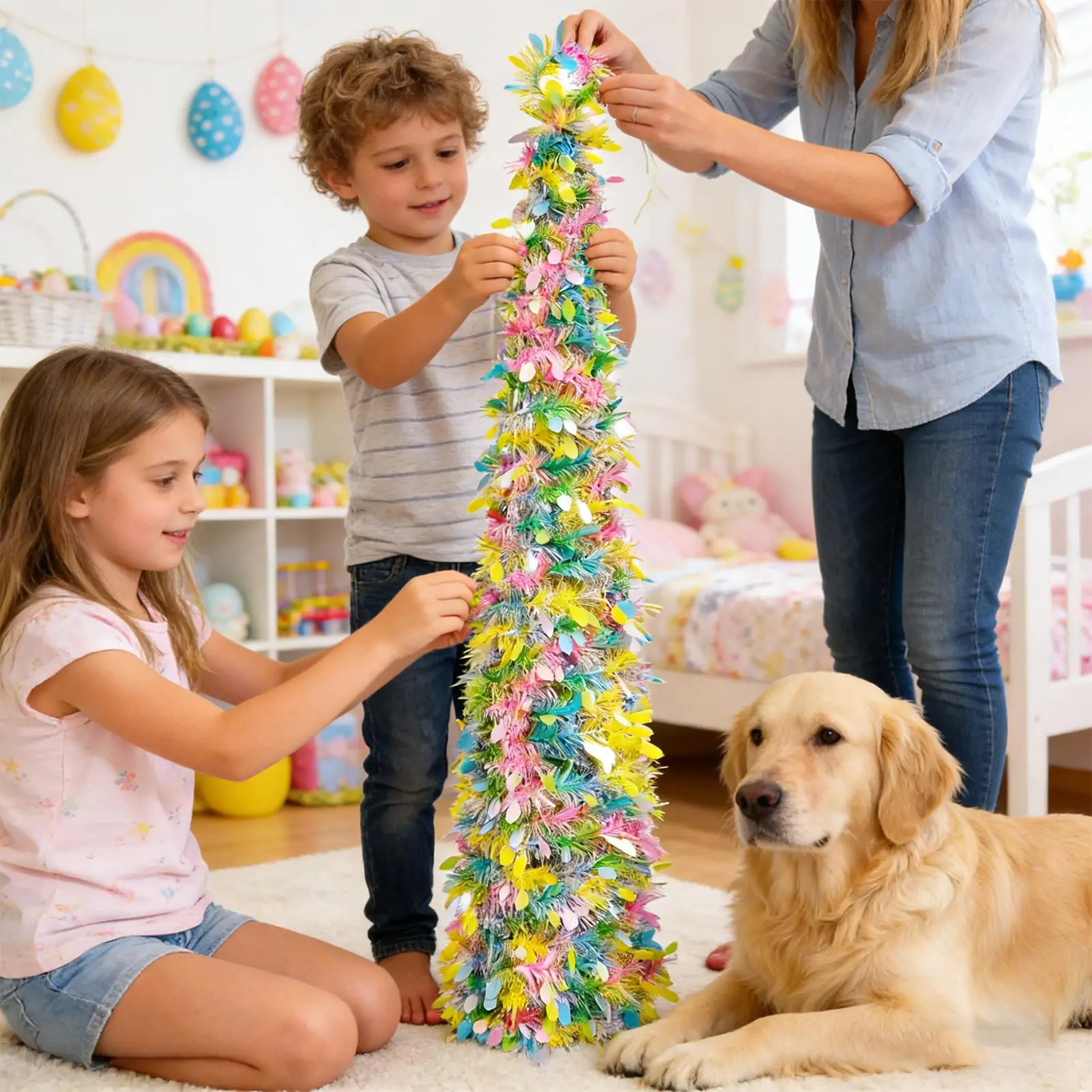 

Пасхальное украшение, 1,5-метровое искусственное раскладное дерево-карандаш с разноцветными пайетками в виде яиц для улицы и дома, для праздничного декора