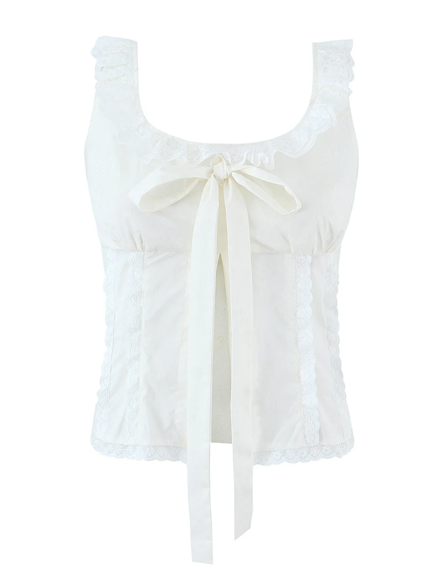 

Ретро американский белый кружевной жилет с узлом и завязкой на талии, женский пикантный топ с квадратным воротником, полиэфирное волокно, длина