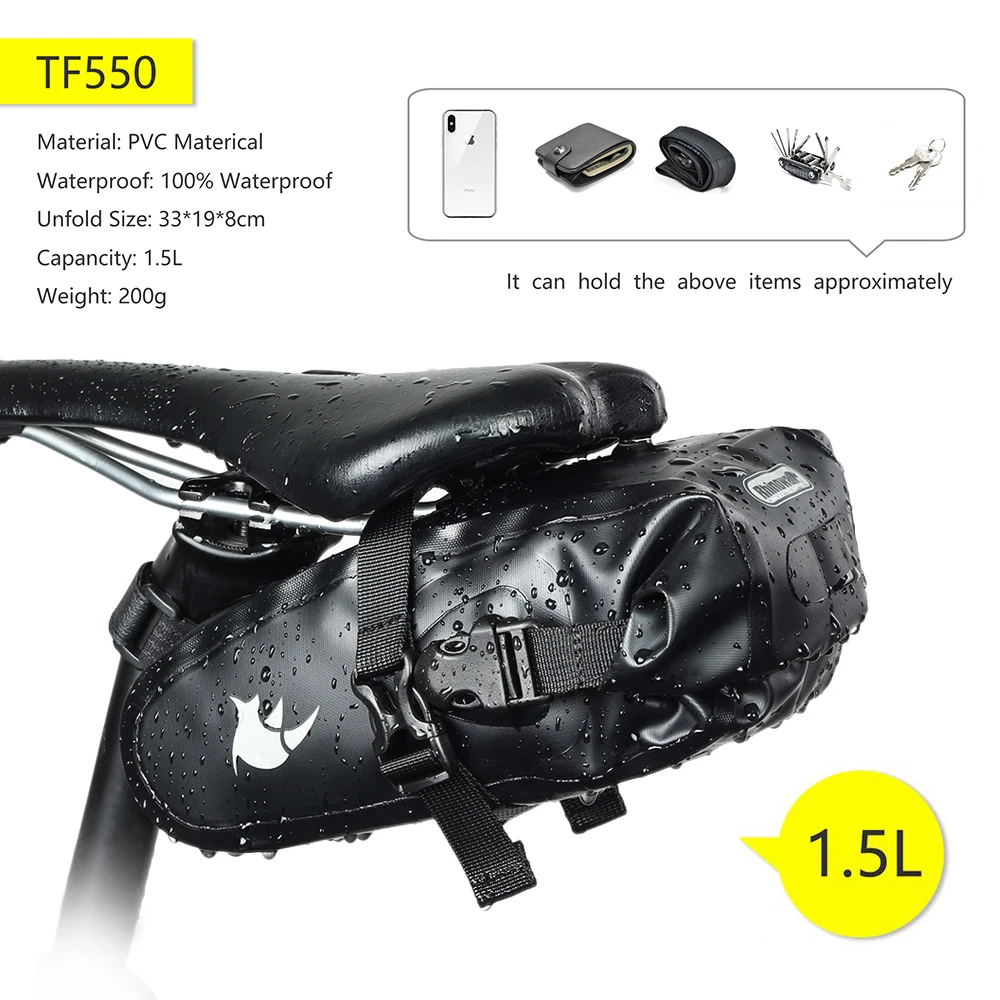 Rhinowalk Fahrrad-Satteltasche, wasserdicht, 5 l–13 l, großes Fassungsvermögen, faltbare Hecktasche, reflektierend, Radfahren, MTB, Kofferraumtasche, Schwarz