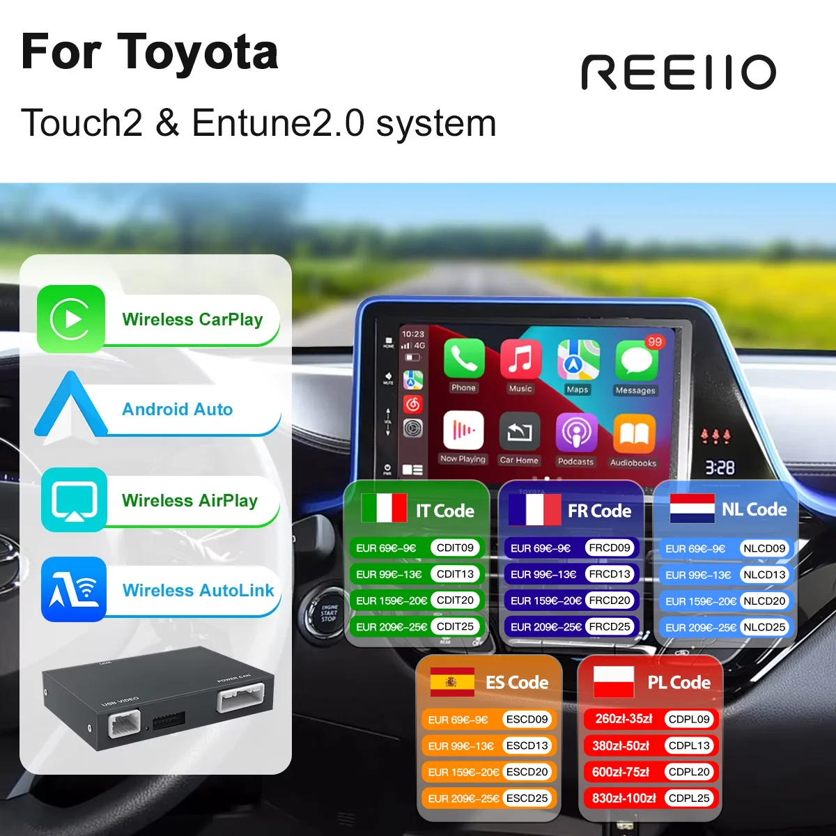 Système sans fil CarPlay et Android Auto pour Toyota Camry C-HR Yaris RAV4 Corolla Tacoma Highlander avec fonctions multimedi