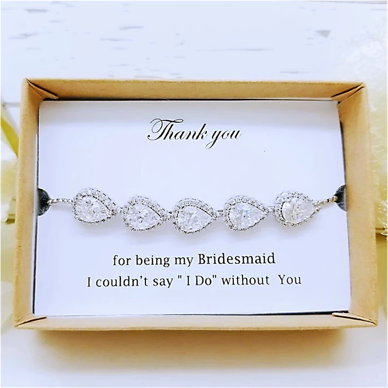 Personalized Silver Teardrop Bracelet, Cubic Zirconia Slide, Adjustable Bracelet, Bridesmaid Gift,Wedding Party, Flower Girl