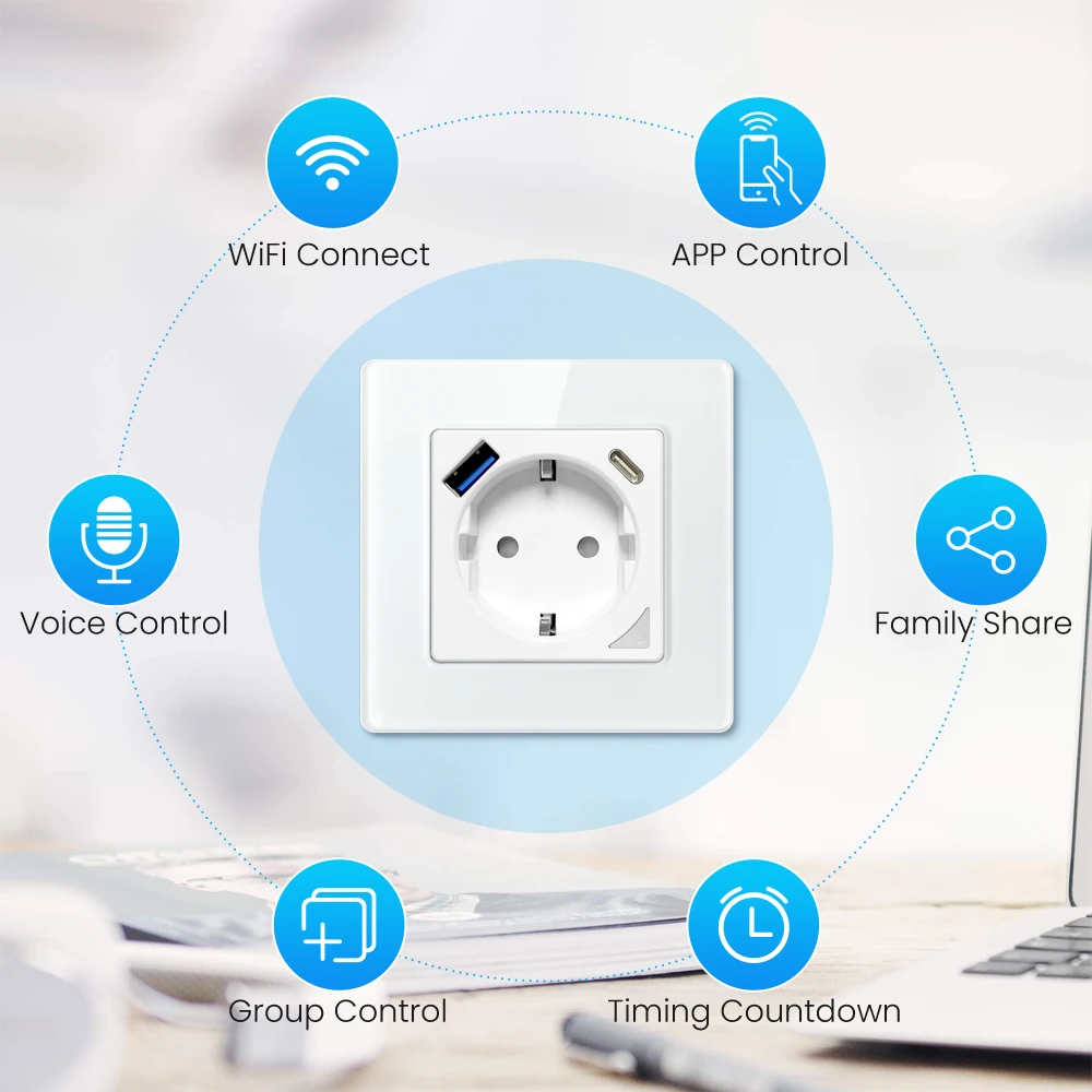 AVATTO EU standaard WiFi-aansluiting, Tuya Smart Power Plug Outlet met USB/Type-C opladen, APP-afstandsbediening, werken voor Alexa Google Home