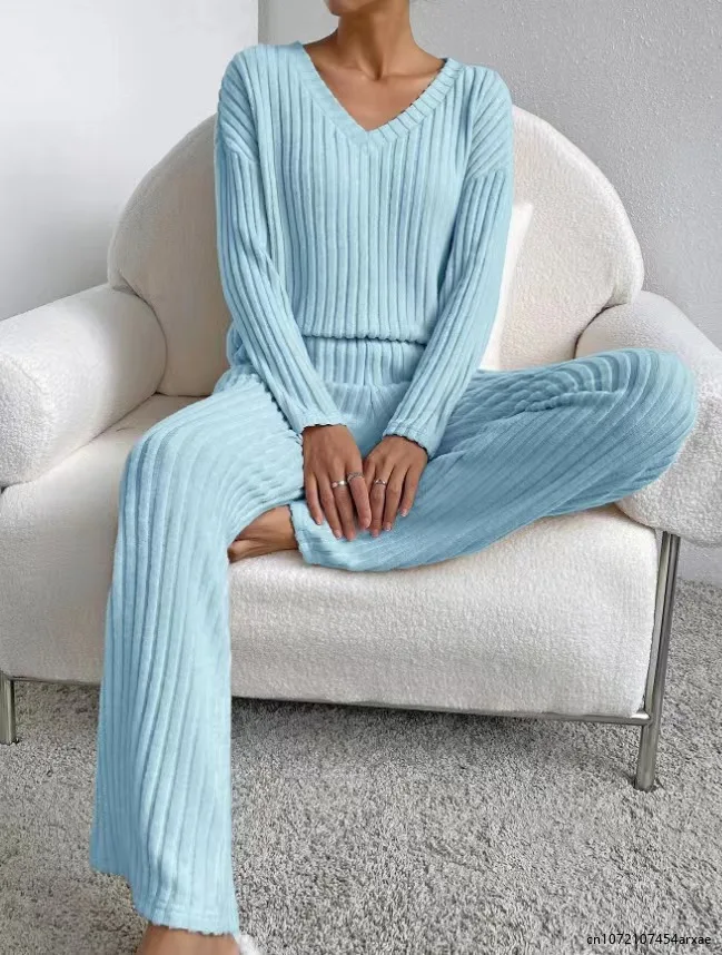 

2024 Stripe Rib Women Set Long Sleeve Knit T-shirt And Elastic Waist Wide Leg Pant Sets Pajamas Autumn Casual Loose Home Clothes