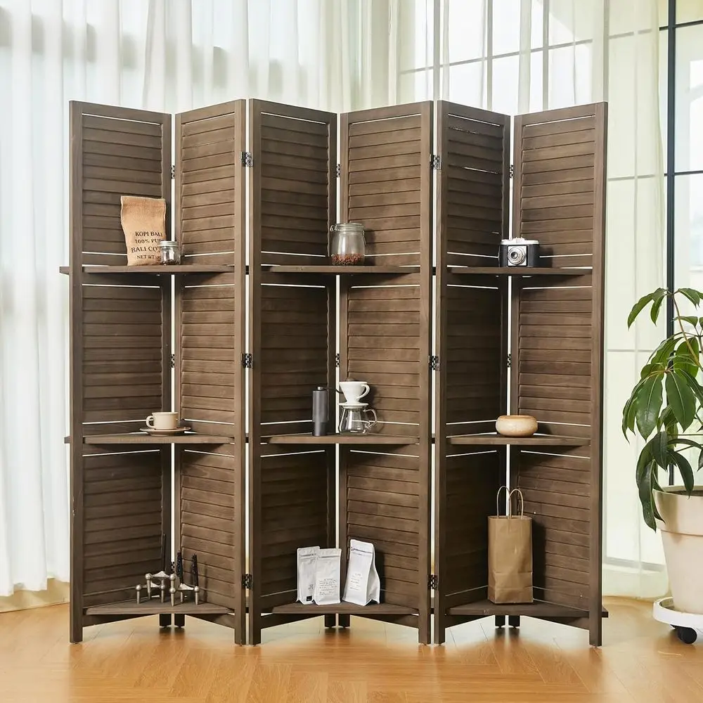 6-Panel Brown Wooden Room Divider with Shelves for Home Office or Bedroom Decor
