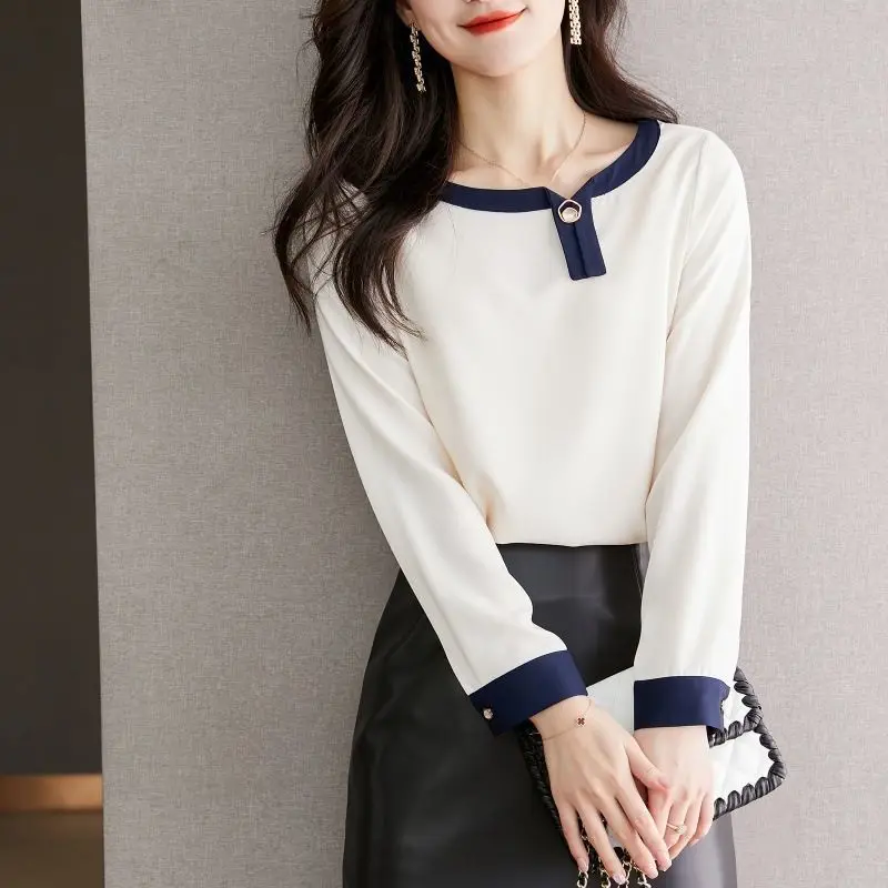 Spring Autumn Women\'s Rivet Round Neck Pullover Chiffon Contrast Color Long Sleeve T-shirt Casual Elegant All-match Casual Tops