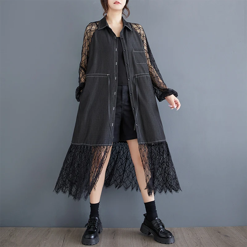 #6872 Black False Two Piece Shirt Dress Women Spliced Lace Drawstring Waisted Midi Dress Long Sleeve Hollow Out Sexy A-line Sexy