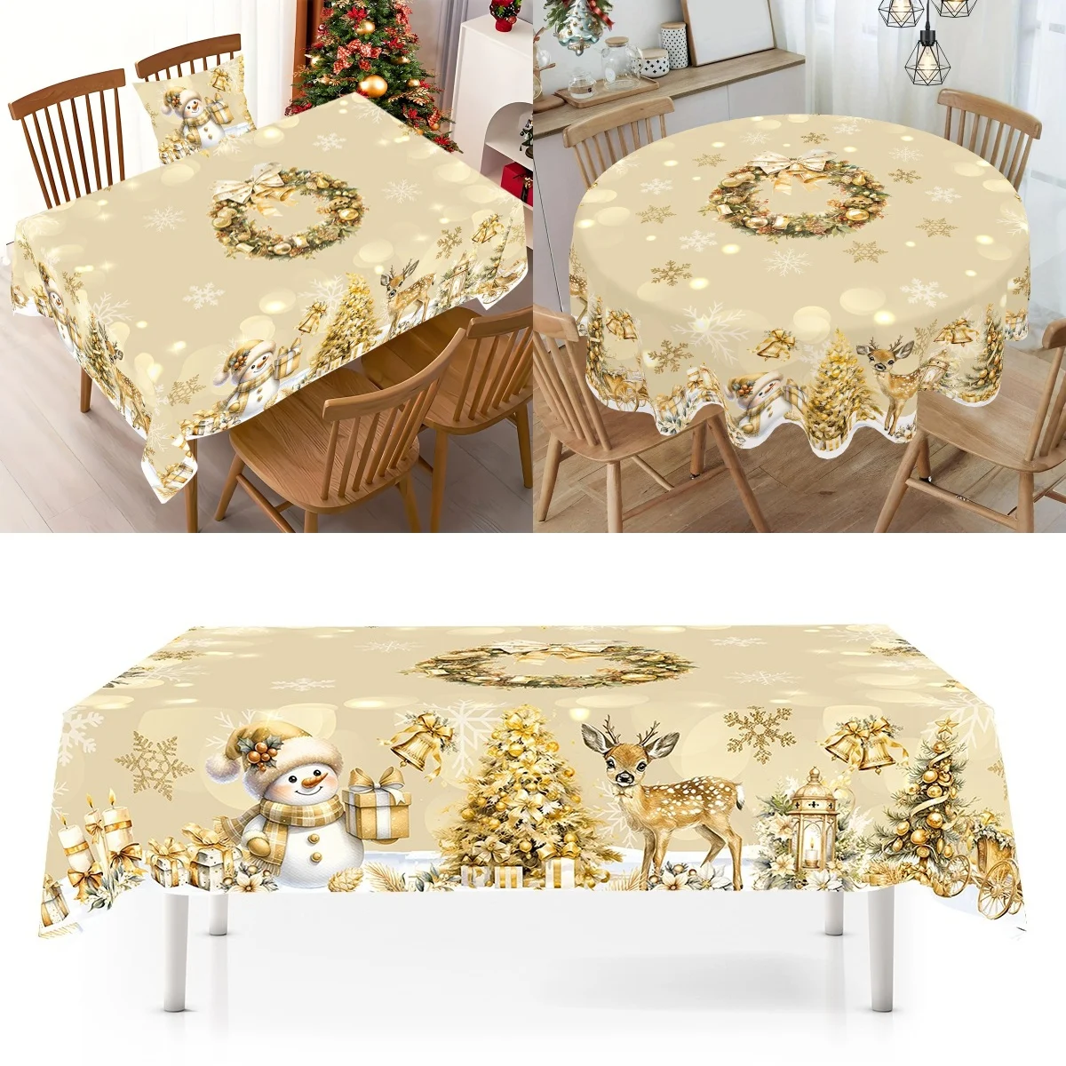 Goldene Weihnachtstischdecke, Schneemann, Elch, Tischdecke, Weihnachtsdekoration für Zuhause, 2025, Weihnachtsgeschenke, Navidad Noel, Neujahr 2026