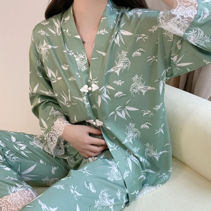 

Women's 2 Piece Pajamas Sets Floral Pijama Faux Silk Satin V-neck Pyjama Female Sleepwear Long Sleeve Shirt Pants Homewear Suit