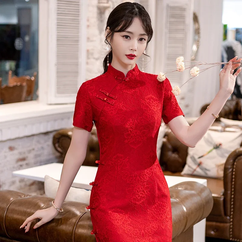 

Red Cheongsam Summer New Bride Engagement Wedding Qipao Dress for Women Clothing Retro Traditional Chinese Style