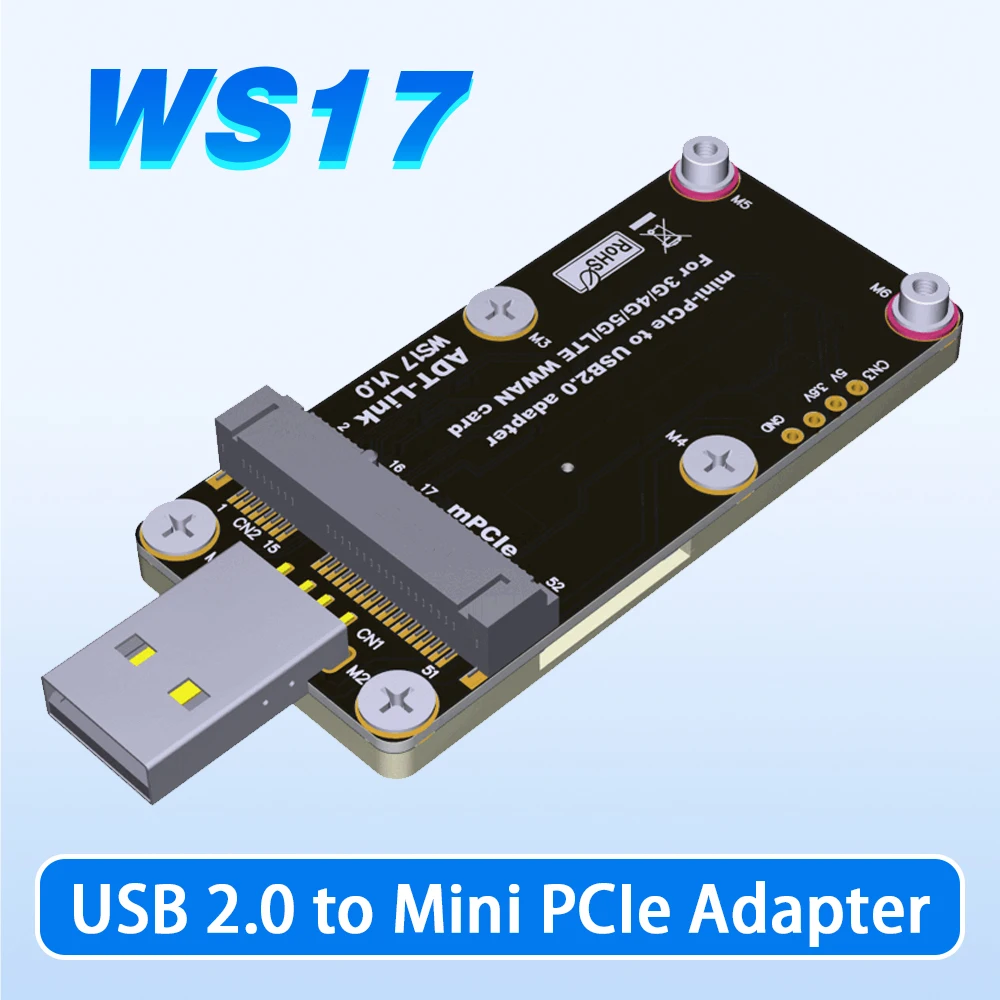 ADT WS17 Mini-PCIe mPCIe To USB 2.0 Type A Adapter With Dual SIM Push connector Support 3G/4G/5G LTE Module WWAN Wireless Card