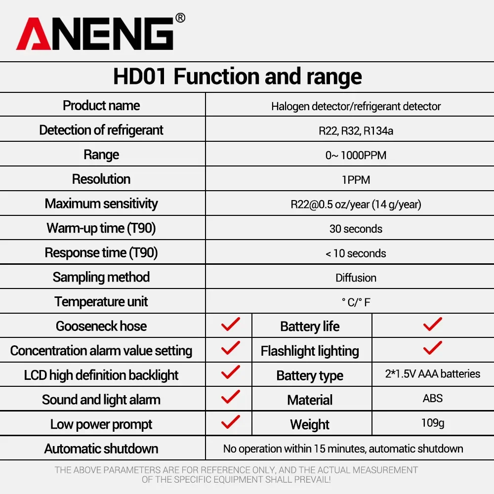 ANENG Professional gas Leak Refrigerant Detector Automotive/ Air Conditioning Display Detection R22/R32/R134a Audible Visual Ala