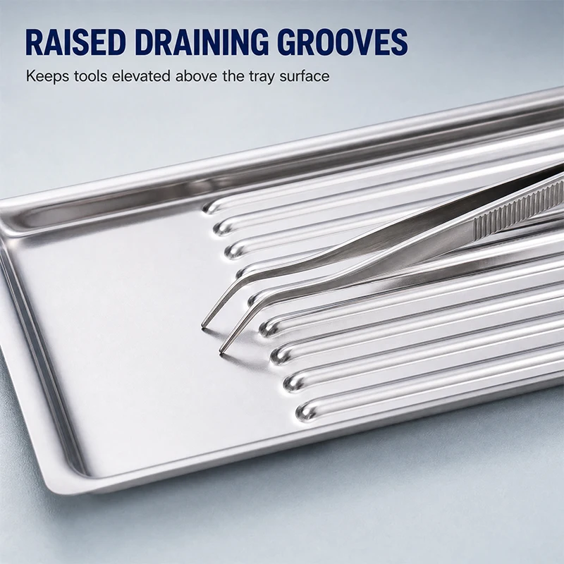 Stainless Steel Dental Instruments Tray with Grooves Surgical Medical Tools Disinfection Storage Sterilization Container